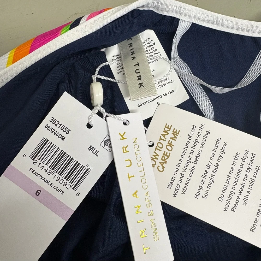 Trina Turk Striped Halter One Piece Swimsuit Size 6 Pink Multi - Picture 9 of 10